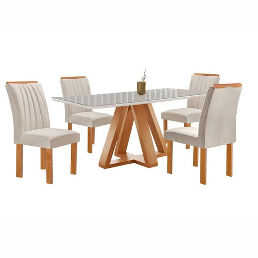 Conjunto Mesa de Jantar com 4 Cadeiras Estofadas e Tampo de Vidro – Cinamomo/Off White/Suede Bege