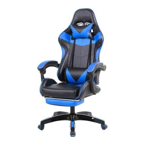 Cadeira Gamer Trieste Reclinável com Apoio para os Pés, Revestimento em Couro PU Azul e Travesseiros Ergonômicos