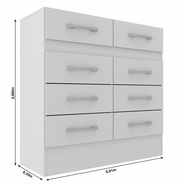 Cômoda 8 Gavetas Compacta em MDP com Corrediças Metálicas – Acabamento Fosco Branco