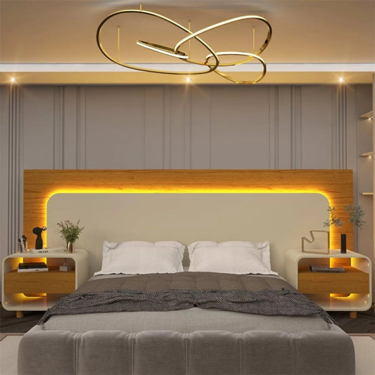 Cabeceira com 2 Mesas, Gavetas e LED para Casal, Queen e King – Off White
