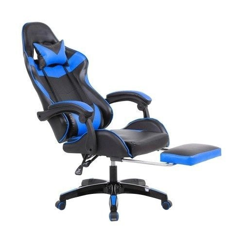 Cadeira Gamer Trieste Reclinável com Apoio para os Pés, Revestimento em Couro PU Azul e Travesseiros Ergonômicos