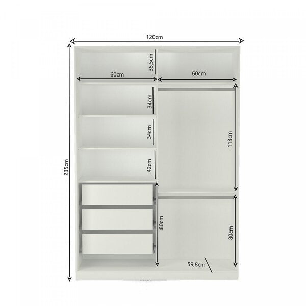 Guarda-Roupa Solteiro com 2 Portas de Correr, Espelho e 3 Gavetas – Branco/Noce