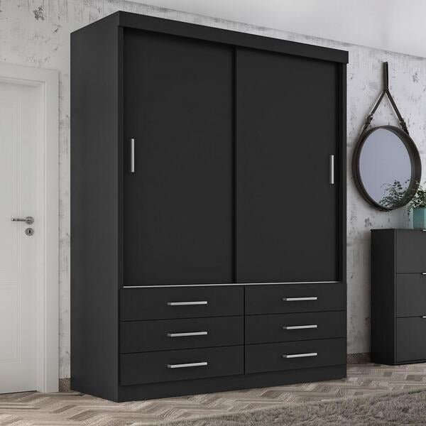 Guarda-Roupa Solteiro 2 Portas de Correr 6 Gavetas MDP Preto Fosco Capri