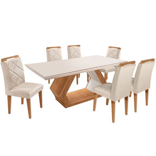 Conjunto Mesa de Jantar Retangular com 6 Cadeiras Estofadas – Bege