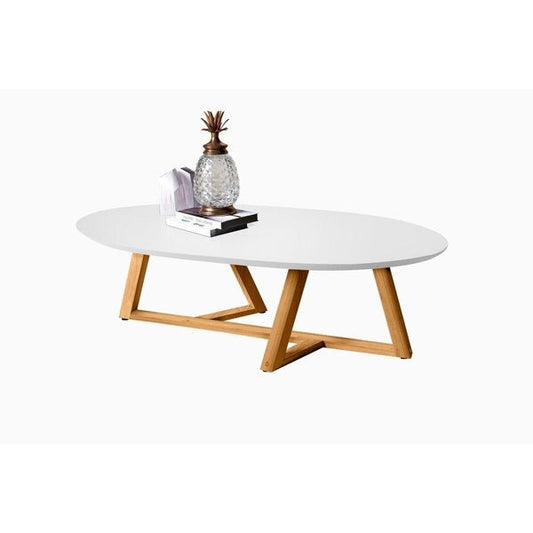 Mesa de Centro Oval com Tampo em MDF Semi-Brilho e Pés de Madeira Maciça