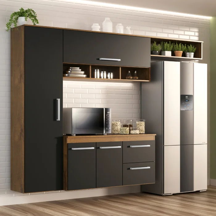 Cozinha Compacta com Torre Quente, Balcão e Aéreo em MDF – Branco HP/Nature