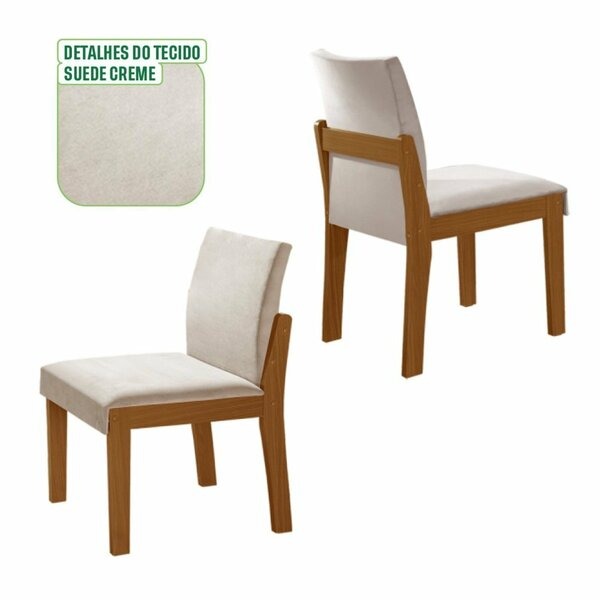 Conjunto Mesa de Jantar Redonda com 6 Cadeiras Estofadas e Tampo de Vidro – Castanho Cinamomo/Suede Creme/Off White