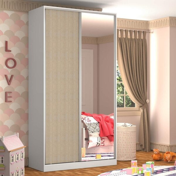 Guarda-Roupa Solteiro com 2 Portas de Correr, Espelho e 3 Gavetas – Branco/Noce