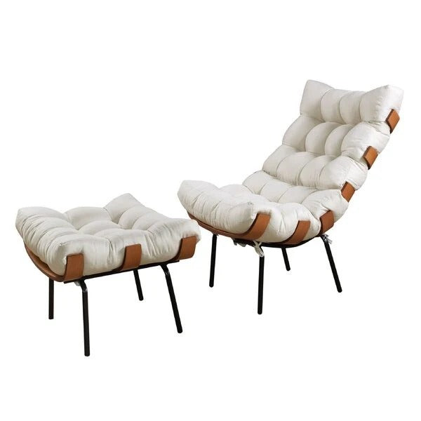 Poltrona Costela com Puff Linho Bege Off White Estrutura Madeira e Ferro