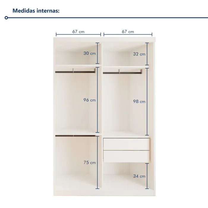 Guarda-Roupa Solteiro com 2 Portas de Correr, 2 Gavetas e Cabideiros – Branco