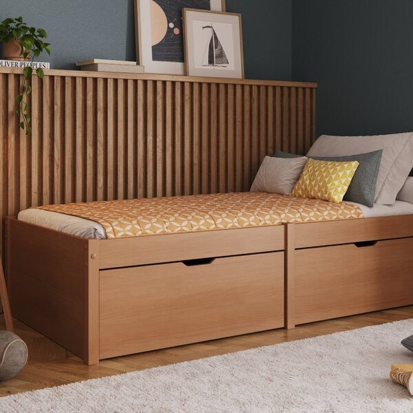 Cama Solteiro Madeira Maciça com 2 Gavetas Laterais – Amêndoa