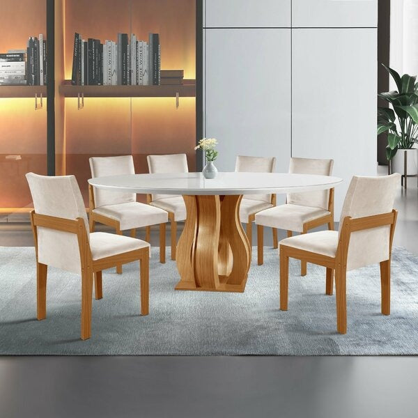 Conjunto Mesa de Jantar Redonda com 6 Cadeiras Estofadas e Tampo de Vidro – Castanho Cinamomo/Suede Creme/Off White