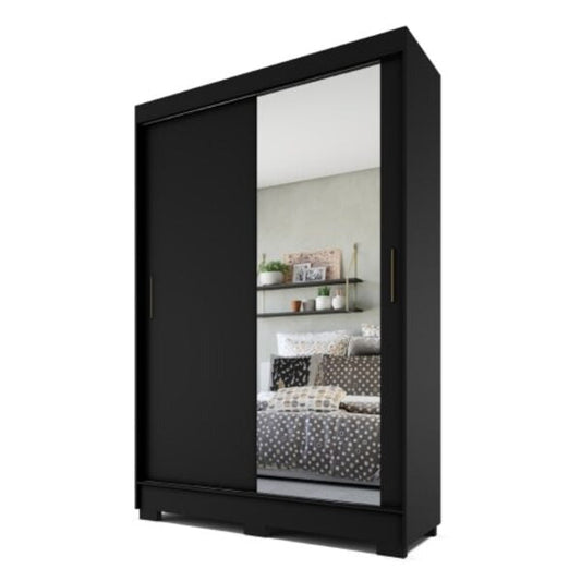 Guarda-Roupa Solteiro com 2 Portas de Correr, Espelho e 2 Gavetas – Málaga/Preto