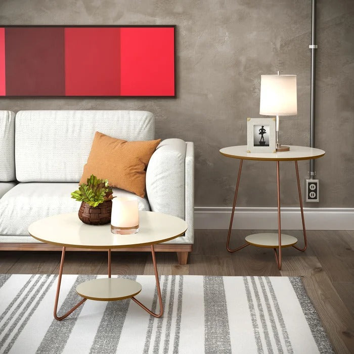 Conjunto Mesas de Centro e Apoio MDF Off White com Pés Metálicos
