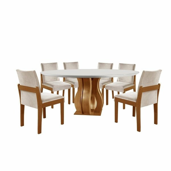 Conjunto Mesa de Jantar Redonda com 6 Cadeiras Estofadas e Tampo de Vidro – Castanho Cinamomo/Suede Creme/Off White