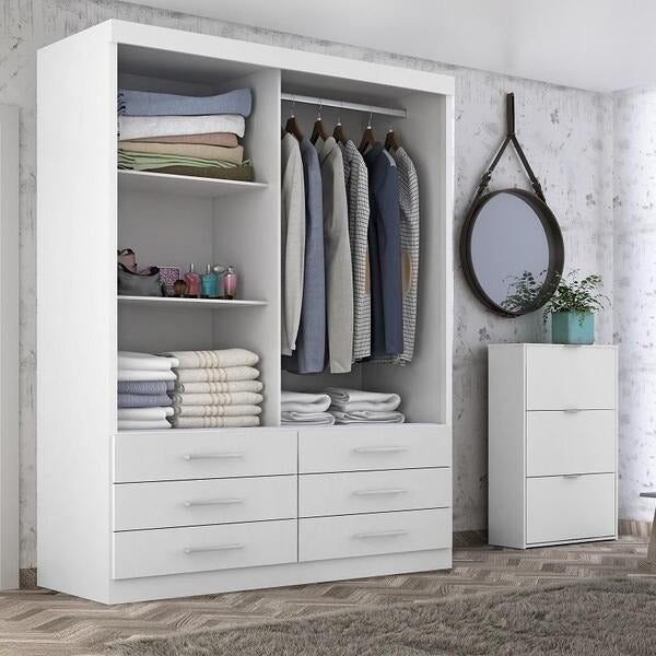 Guarda-Roupa Solteiro 2 Portas de Correr 6 Gavetas MDP Branco Alto Brilho Capri