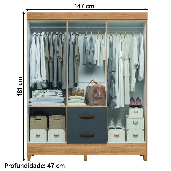 Guarda-Roupa Casal com 6 Portas e 2 Gavetas – Nature/Grafite