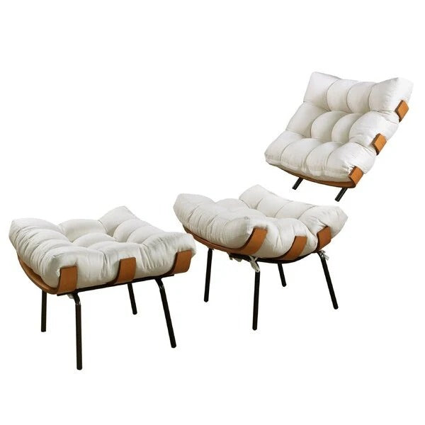 Poltrona Costela com Puff Linho Bege Off White Estrutura Madeira e Ferro